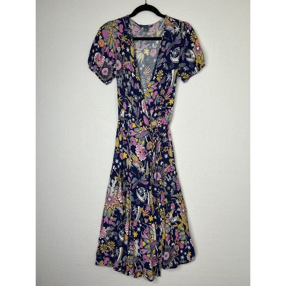 Modcloth Faux Wrap Midi Dress Size 2 Kaleidoscopic Dreamscape Moons Floral Print - Picture 2 of 6